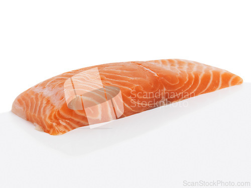 Image of Food, salmon and fish with vitamins, fiber or healthy eating for cholesterol of white meat on a studio background. Natural, nutrition or oily diet of produce, texture or organic meal or fresh snack