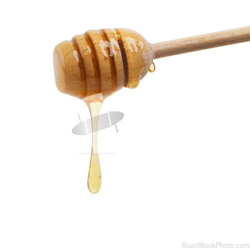 Image of Honey, stick and product in studio in isolated white background for medicine, nutrition or wellness. Sweet, antioxidants and wood for produce, organic food and healthy ingredients in mockup space