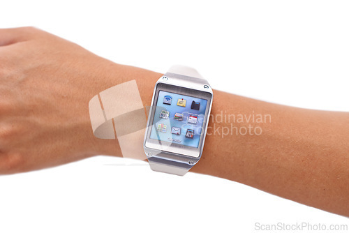 Image of Hand, smart watch and icons technology or screen for schedule planning on white background, location or studio. .Person, wrist and display network gadget or futuristic applications, notes or browsing