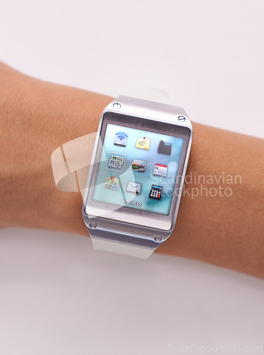 Image of Wrist, smart watch and icons technology or screen for schedule planning on white background, location or studio. Person, arm and display network gadget or futuristic applications, notes or browsing