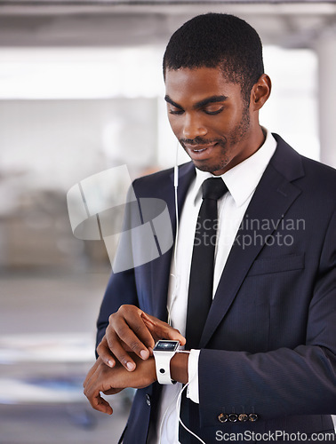 Image of Check, earphones or businessman with smart watch for time technology or device for schedule. Travel, formal outfit or black man with network gadget for radio or music app, podcast or notification