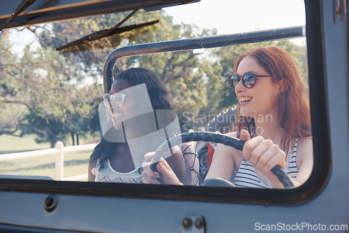 Image of Happy women, diversity and travel on road trip in countryside and sightseeing for adventure in nature. Friends, driving and transportation in convertible suv on holiday and bonding together in texas