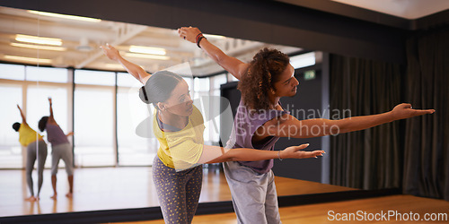 Image of People, ballet and practice a technique in studio, performance and training together for rehearsal. Partners, competitive and movement for recital, team and artists for collaboration in dance routine