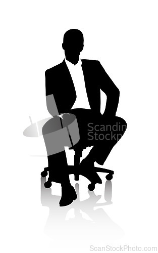 Image of Professional, sitting and silhouette of businessman by white background with ambition in corporate job. Entrepreneur, working and chair in startup company, growth and abstract for pride in career