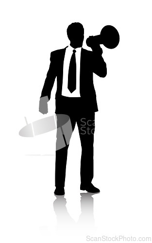 Image of Businessman, suit and talking on bullhorn by white background and silhouette of working in corporate. Hr professional, broadcast or communication of recruitment or attention for hiring in abstract