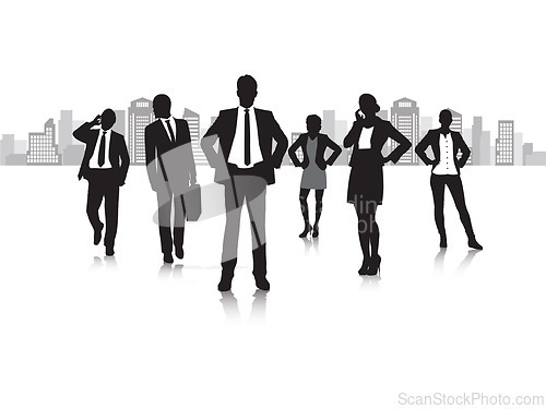 Image of Professional, business people and silhouette of working in city and phone call in corporate job by white background. Entrepreneurship, talk and startup company for growth and pride in career in town