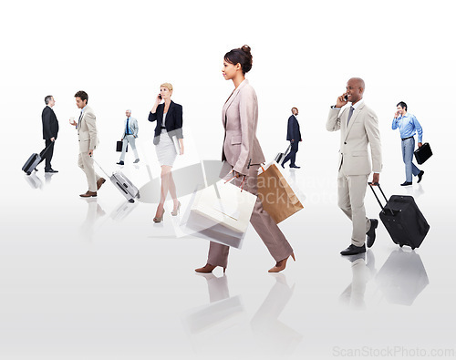 Image of Business, group and people with phone call walking, suitcase and professional with luggage for work. Employees, men and women rushing to trip for job, connecting and communicating with mobile