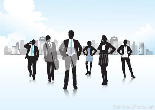 Image of Professional, business people and silhouette of working in city and phone call for networking by blue background. Entrepreneurship, talk and startup agency for growth and development in job in town