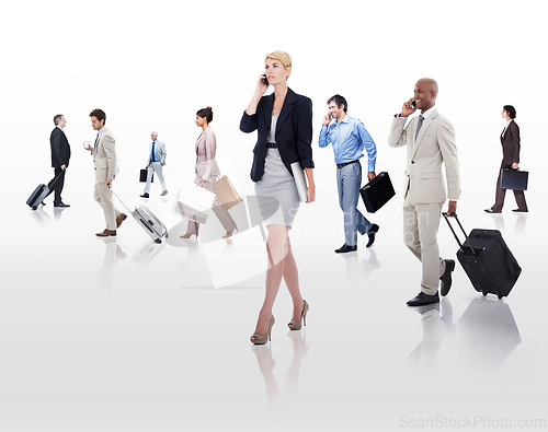 Image of Business, phone and people in white background, walking and professional with luggage for work. Employees, men and women rushing to trip for job, connecting and communicating with mobile and call