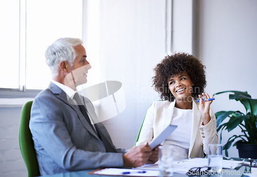 Image of CEO, team and business people in training with tablet, teaching and internship in office. Manager, tech and senior mentor coaching happy woman, planning or diverse financial consultants in discussion