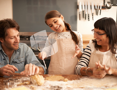 Image of Mother, father and child with baking dough in kitchen with flour, happiness and teaching with support. Family, parents and girl with helping, learning and bonding with cooking for hobby and playing