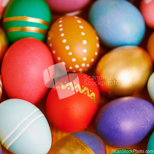 Image of Easter, egg and pattern for decoration design or holiday season with presents or festive vacation, food or dessert. Shell, handcraft and traditional candy for break in Canada, chocolate or sweets