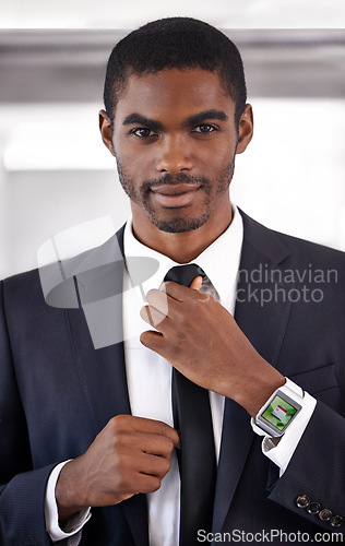 Image of Portrait, suit or businessman with smart watch for time technology or device for office schedule. Black man, formal outfit or screen display network gadget for futuristic applications or notification