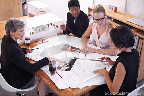 Image of Architecture, people or civil engineering team drawing for development project and planning on paper. Women, blueprint or group of designers with ideas for sketching floor plan of office building