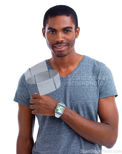 Image of Portrait, black man or screen on smart watch technology or digital for schedule isolated on white background, Studio, arm or menu display network gadget for futuristic applications or notification