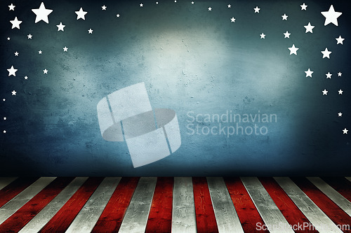 Image of Star, America and graphic with stripes for illustration, theme or abstract background of banner. Empty, mockup space and symbol of bravery or independence in the USA for heritage, glory or victory