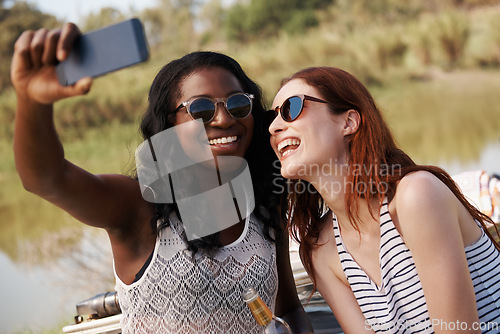 Image of Women, selfie or vacation on road trip in countryside, memory or travel adventure for social media in nature. Ladies, cellphone or profile picture in suv on holiday, care or bonding together by farm