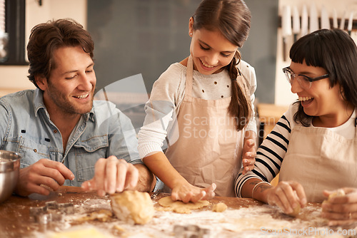 Image of Mother, father and girl with dough for cooking in kitchen with flour, happiness and teaching with support. Family, parents and child with helping, learning and bonding with baking for snack and hobby