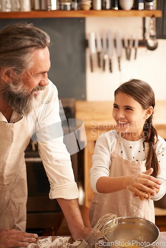 Image of Girl, kid and grandfather with cooking in kitchen for mixing, baking and teaching with support and helping. Family, senior man and grandchild with dough preparation in bowl for bonding and learning