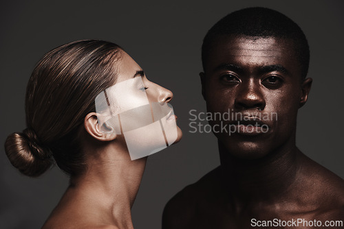 Image of Interracial couple, face or love in skincare, dermatology or beauty as health, support or wellness. Black man, woman or glow as creative, aesthetic or diversity in bonding together on grey background