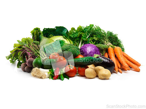 Image of Groceries, harvest and vegetables in studio for nutrition, agriculture or healthy diet. Fresh food, ingredients and organic produce on white background for wellness, vegan lifestyle or sustainability