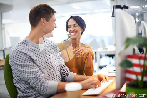 Image of Computer, discussion and businessman with woman in office of startup company with creative career. Conversation, technology and team of graphic designers working on project with desktop in workplace.