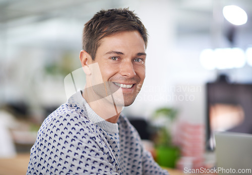 Image of Portrait, happy and business man in office, startup or company for creative job in workplace. Face, person or smile of professional entrepreneur, employee or designer working on career in Australia