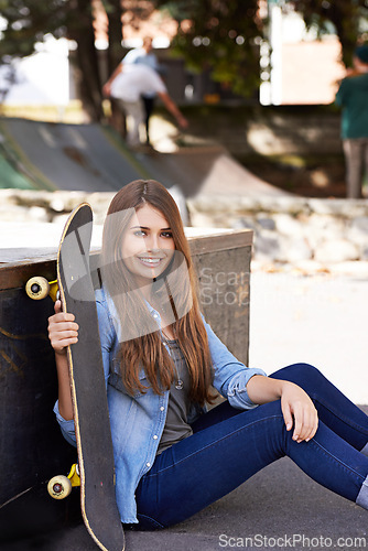 Image of Fashion, happy and portrait of woman with skateboard in city for exercise, training and skating in park. Skater, fitness and person in trendy, casual and street style for sports, fun hobby and relax