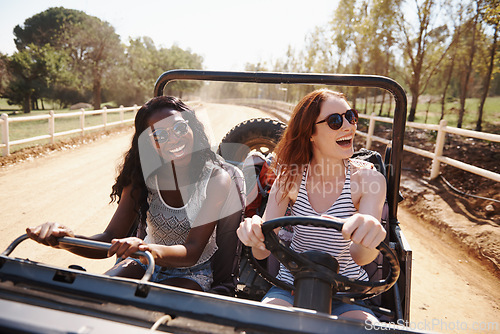 Image of Happy women, laughing and vacation with road trip in nature and funny joke for adventure in outdoor. Friends, driving or journey in convertible van on holiday, countryside or bonding together by farm