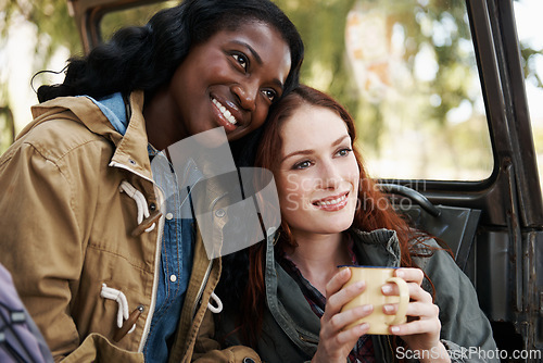 Image of Happy women, coffee or relax on road trip in nature or travel adventure for leisure in countryside. Ladies, drinking and tea in suv on summer holiday, care and bonding together for tourism in texas