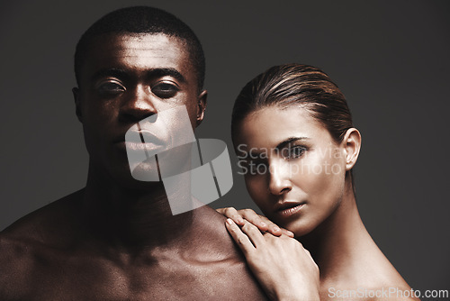 Image of Portrait, interracial couple or glow in beauty, skincare or dermatology as health and wellness. Black man, woman or love as creative, aesthetic or diversity in bonding together on grey background