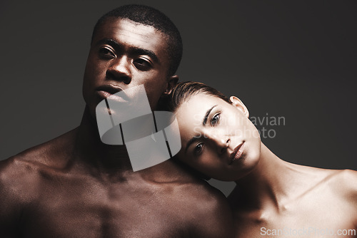 Image of Portrait, balck man or woman in skincare, dermatology or beauty as health, wellness or love. Interracial couple, glow or face as healthy, aesthetic or diversity in bonding together on grey background