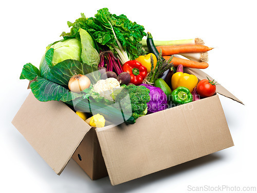 Image of Studio, groceries and vegetables in box with organic food, ingredients and produce on white background. Nutrition, harvest and container with products for vegan lifestyle, sustainability and wellness