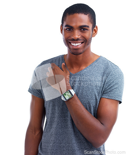 Image of Portrait, smartwatch and black man with smile, screen and model isolated on a white studio background. Face, African person and guy with technology or check time with progress, tracker or digital app