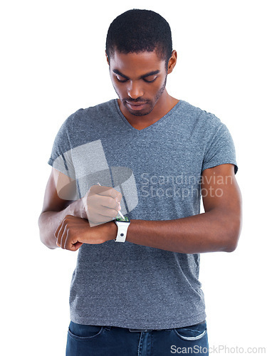 Image of Touchscreen, black man or pen for smart watch technology or planning schedule isolated on white background, Studio, arm gadget or African person on network for futuristic application or notification