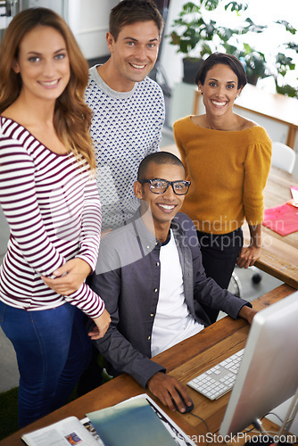 Image of Startup, casual and portrait of employees at desk, teamwork and digital branding or design on laptop or computer. Happy, people and creative for designer company or agency, collaboration and top view