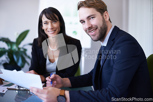 Image of Business meeting, contract and smile of HR with employee, professional and office of corporate company. Portrait, woman and man sign paperwork of sales agreement on desk or table for job and career