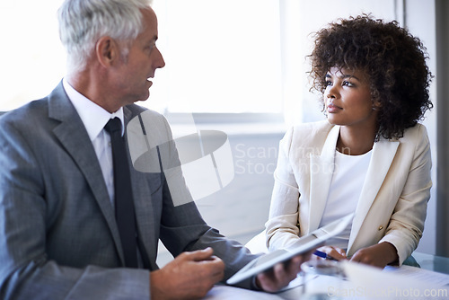 Image of Manager, team and business people in training with tablet, teaching and internship in office. CEO, tech and senior mentor coaching serious woman, planning or diverse financial advisors in discussion