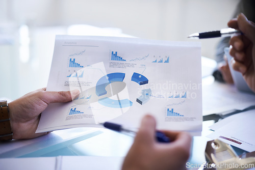 Image of Hands, paperwork and graphs statistics for business meeting with chart analytics for company, growth or finance. People, documents and trading research for strategy review, summary or brainstorming