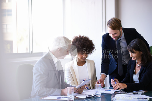 Image of Corporate, people and meeting in conference room for strategy or collaboration for planning, partnership and conversation. Boardroom, Business employees and reports for b2b discussion for company.