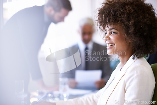 Image of Business meeting, documents and smile of woman, employee and staff in boardroom with HR. Corporate, worker and female person happy with contract by boss of company, professional and confident