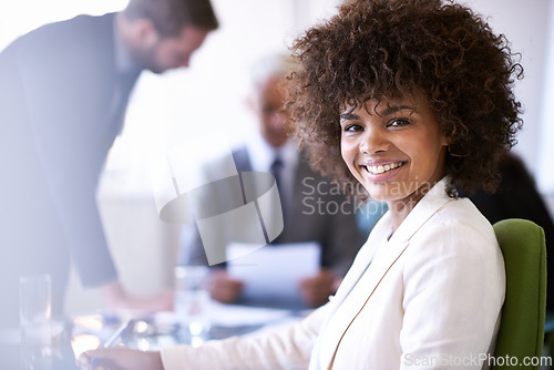 Image of Happiness, employee and black woman with smile in office, portrait and business meeting for training. Worker, staff and female person in corporate company in career or job of bookkeeper in workplace