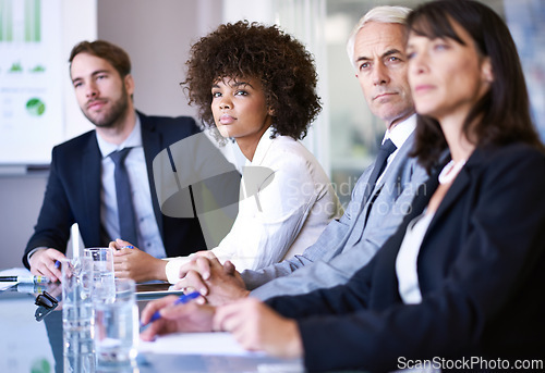 Image of Boardroom, listening and business people in a meeting, planning or teamwork with idea or feedback. Staff, group or legal aid with attorney or conversation for brainstorming, corporate or professional