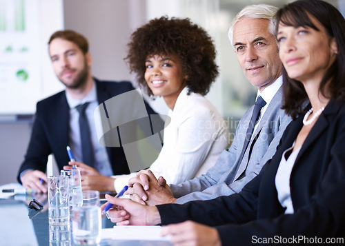 Image of Boardroom, group and business people in a meeting, planning and teamwork with brainstorming and feedback. Staff, accountant and broker with financial adviser and ideas with professional and corporate
