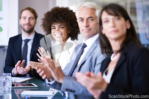 Image of Portrait, woman or clapping in business, workshop or meeting of company, corporate or training. Businesswoman, applause or team in conference room as professional, presentation or communication