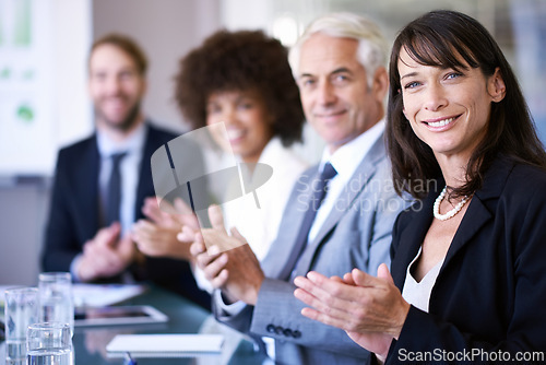 Image of Portrait, woman or clapping in business, presentation or workshop of company, corporate or training. Businesspeople, applause or smile in conference room as professional, meeting or communication