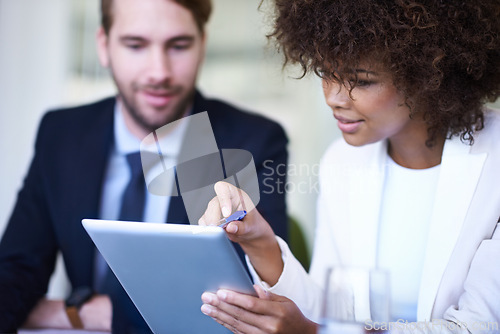 Image of Business, meeting and discussion with diversity, tablet and technology in office. Businessman, woman and idea for teamwork, planning and support for corporate brainstorming with staff or partnership