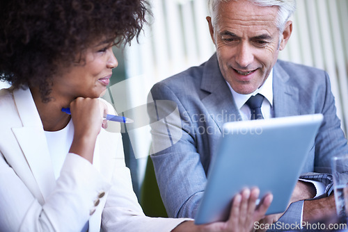 Image of CEO, team and business people in discussion with tablet for teaching at internship in office. Manager, tech and senior mentor coaching happy woman, planning or diverse financial advisors in training