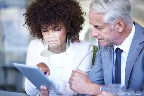 Image of Manager, team and business people with tablet for discussion or meeting for internship in office. CEO, tech or senior mentor coaching serious woman, planning or diverse financial advisors in training