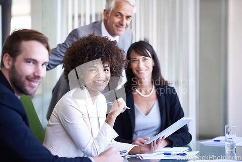 Image of Team, tablet and portrait of happy business people in meeting for brainstorming strategy in office. Collaboration, technology and face of diverse group planning project, CEO or consultants together